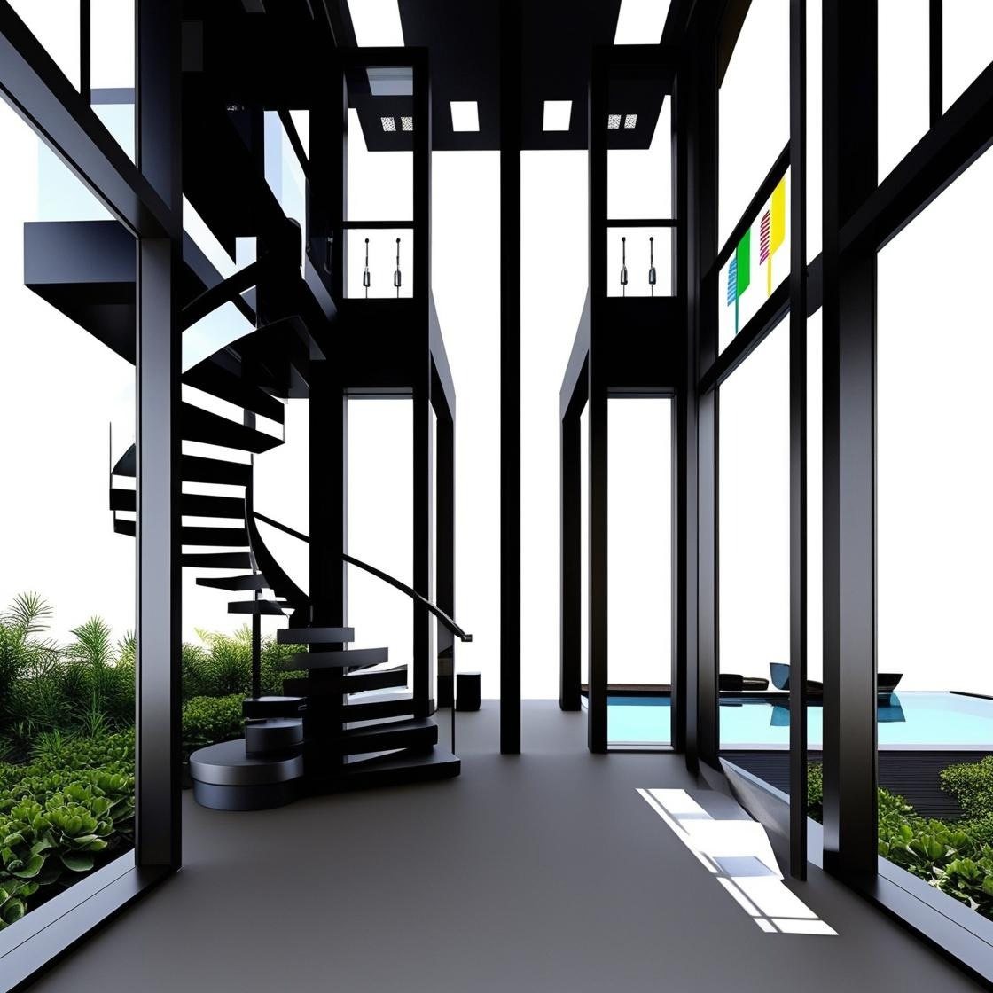 גרם מדרגות לולייני שחור בחלל גבוה עם צמחייה ובריכה
